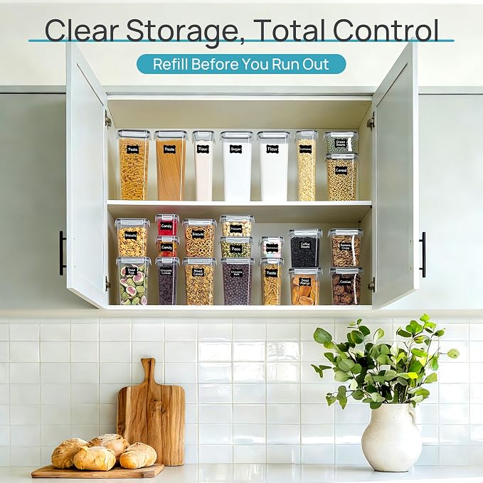 Airtight Food Storage Containers with Lids, Vtopmart 24 pcs Plastic Kitchen and Pantry Organization Canisters for Cereal, Dry Food, Flour and Sugar, BPA Free, Includes 24 Labels,Black | For Cereal Pasta Snack Flour Sugar, BPA Free, Airtight Seal, Multi... - Image 7