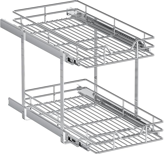 2-Tier Pull Out Cabinet Organizer, 12.5" W x 21.5" D, Heavy Duty Dual Slide Out Shelves for Narrow Base Cabinets, Chrome Wire Basket Drawer for Spices, Bottles & Snacks - Image 9