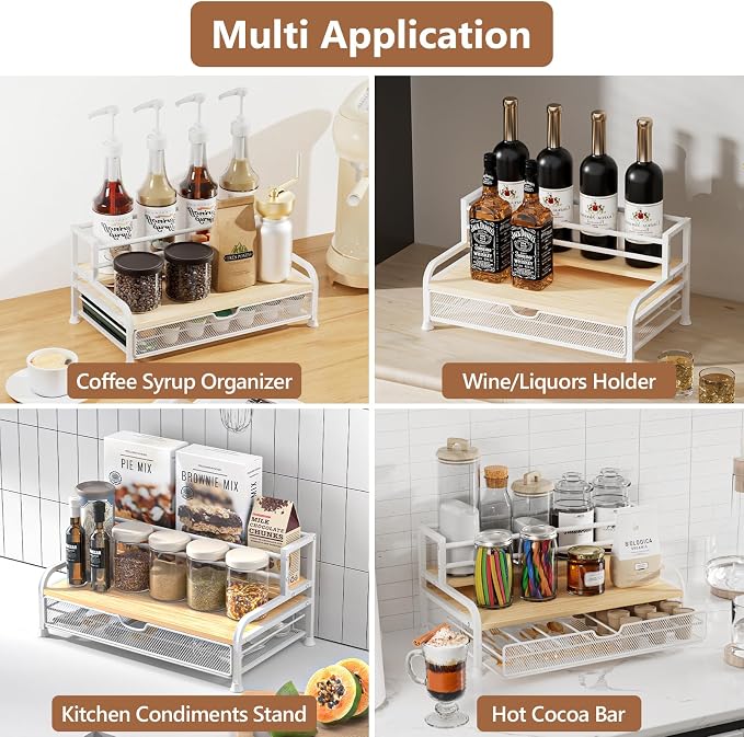 Coffee Syrup Rack Organizer, 3-Tier with 35 K-Cup Pod Holder Drawer | White Metal Rack for 8 Syrup Bottles,Countertop Bottle Holder Stand for Wine,Space-Saving Design for Kitchen Cafe Station - Image 7