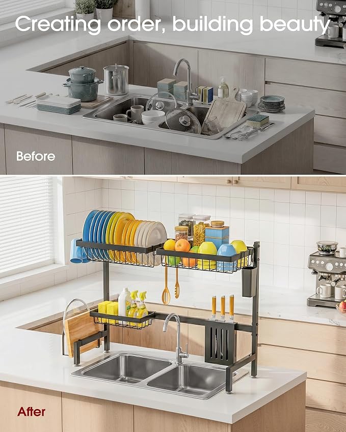 Sakugi Dish Drying Rack Over The Sink, Dish Drainer for Kitchen Counter | Stainless Steel Storage Organizer with Utensil Knife Holder & Hooks, Adjustable 11"D x 30.5"~34''W x 21.5" H, Black - Image 5