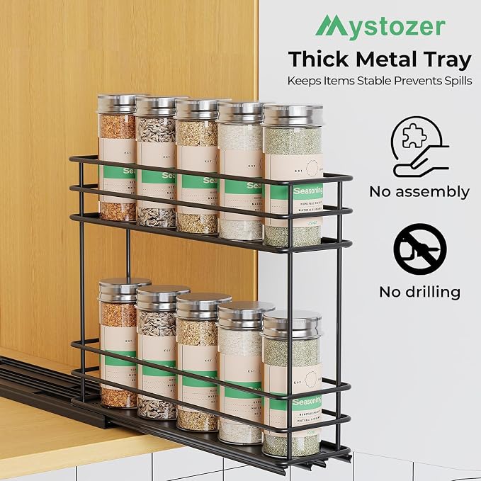 Mystozer Pull Out Spice Rack Organizer for Cabinet, Slide Out Spice Racks, Easy to Install Spice Cabinet Organizer, 2.5" Wx10.43 Dx8.26 H, 1 Drawer 2 Tiers(Black) - Image 8