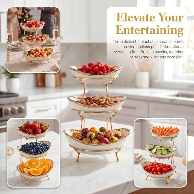 3 Tier White Ceramic Fruit Bowl with Gold Metal Stand, Modern Tiered Fruit Basket Rack for Kitchen Countertop, Large Storage Organizer for Fruit Vegetable Snacks Bread - Image 8
