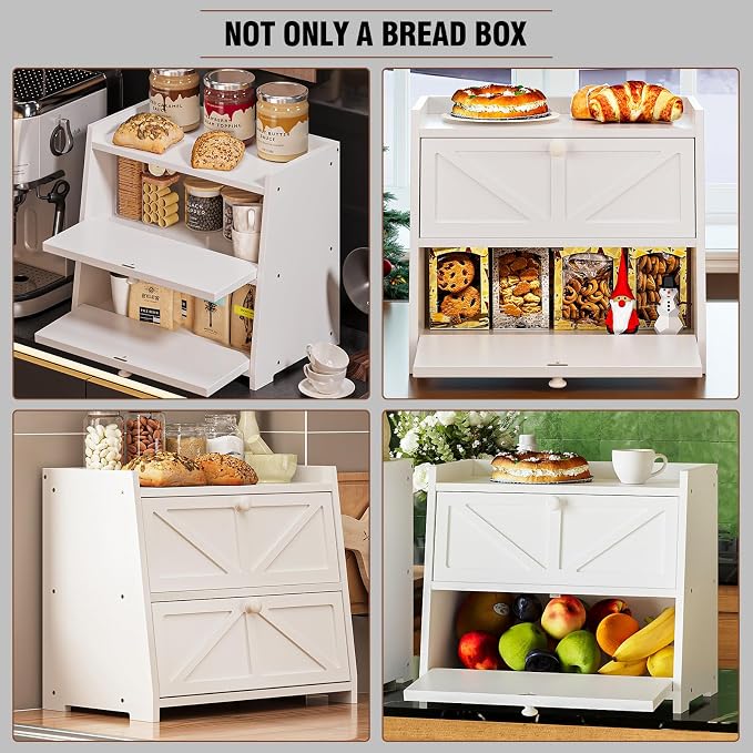 Trironsun Vintage Double Layer Bread Box for Kitchen Counter Bamboo Bread Storage Container Large Capacity Bread Storage Bin (White) - Image 8