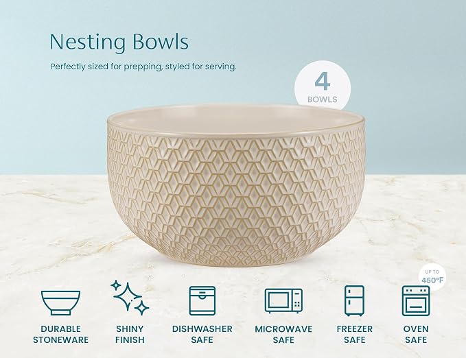 KooK Ceramic Mixing Bowls, Nesting Set of 4, Embossed Kitchen Dishware, Prep, Serving, Gift, Microwave and Dishwasher Safe, 20/44/98/145 oz, Narbonne Collection (Almond) - Image 7