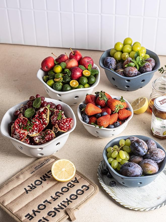 Gomakren Fruit Basket Set of 2, Ceramic Fruit Bowl Berry Basket with Holes, 7.6 Inch Fruit Containers Colander for Fridge - Farmhouse Kitchen Decor, Slate Blue - Image 9