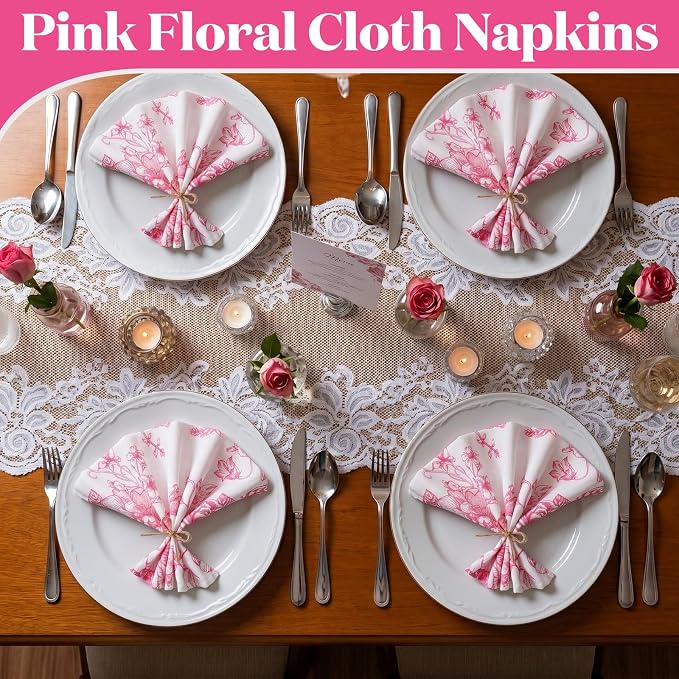 12 Pcs Floral Cloth Napkins 6 Patterns Washable Dinner Tea Party Napkins Reusable Plant Flowers Square Napkin Cotton Towel Decorative for Summer Wildflower Party(Pink Floral) - Image 7