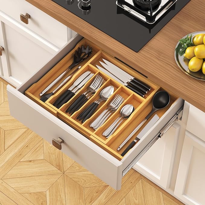 Lifewit Silverware Drawer Organizer, Expandable Utensil Tray for Kitchen, Flatware and Cutlery Holder, Wood Adjustable Storage for Spoons Forks Knives, 13-22x15/ 33-56x38cm, Natural | Expandable Flatware and Cutlery Holder, Adjustable Storage for Spoon... - Image 9