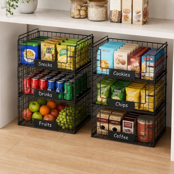3 Pack XXL Stackable Wire Baskets with Handles & Name Plates | Pantry Organizers and Storage, Snack Organizer & Vegetable Basket & Metal Pantry Bin, Large Capacity, Durable and Sturdy - Image 8
