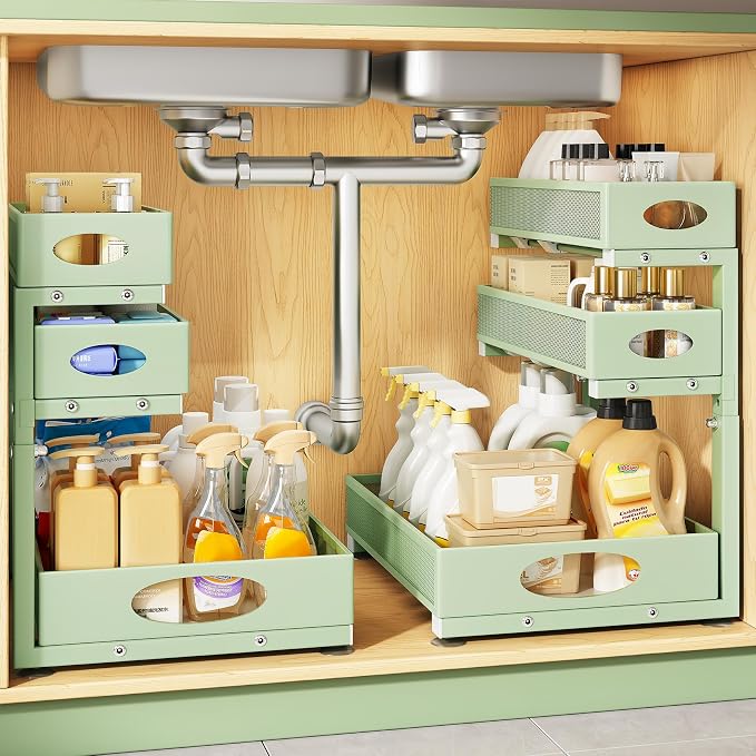 Kitstorack Under Sink Organizer 3-Tier Slide Out Drawer 2-Pack Green | Height Adjustable, Metal Mesh Storage Rack, Pull out Cabinet Organizer Shelf for Bathroom Kitchen Pantry Home Organization by Kitstorack