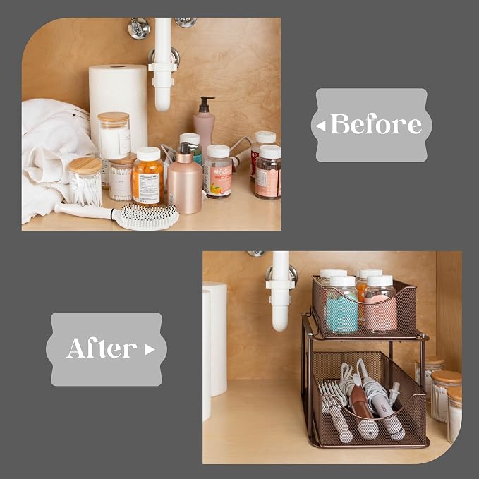 Sorbus 2 Tier Metal Under Sink Organizer for Bathroom, Kitchen, Strong Steel Mesh Sliding Drawers for Under Sink, Under Cabinet, Closet, Kitchen, Pantry, Bathroom Organizers and Storage (Brown) - Image 7