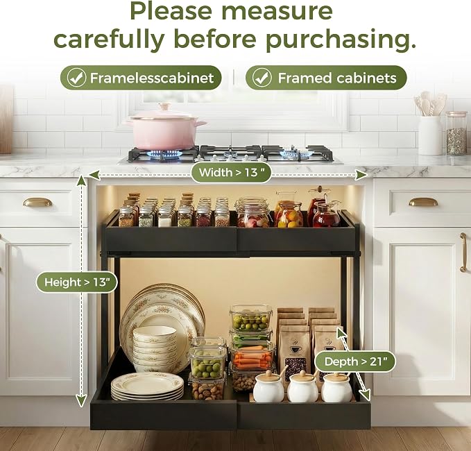 Abalter Expandable Pull Out Cabinet Organizer(12-18.5" W x 21" D), 2-Tier Slide Out Drawer for Kitchen Cabinets, Slide Out Shelves for Kitchen Countertop, Bathroom, Pantry, Heavy Duty Caddy(Black) - Image 5