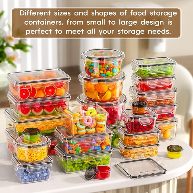 KEMETHY 50 PCS Food Storage Containers with Airtight Lids, BPA-Free | Meal prep / Dishwasher safe / Microwave safe / Assorted sizes / Stackable / Labels / Leakproof - Image 8
