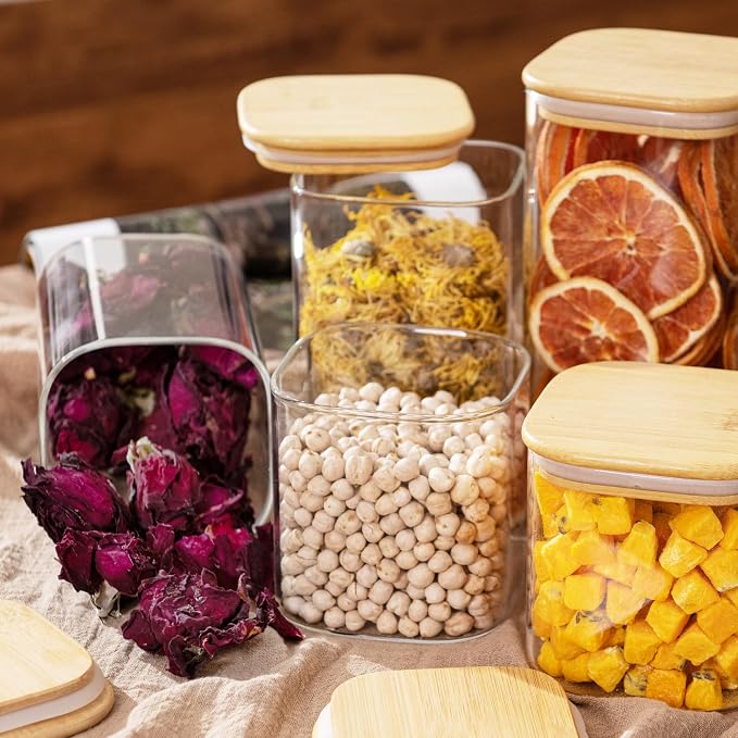 D2scrma Airtight Glass Square Storage Containers with Bamboo Lid Set of 6 (650ml*2/1100ml*2/1500ml*2) Stackable Jars, Kitchen Canister for Pantry Cereal, Nuts, Snacks and Coffee beans - Image 8