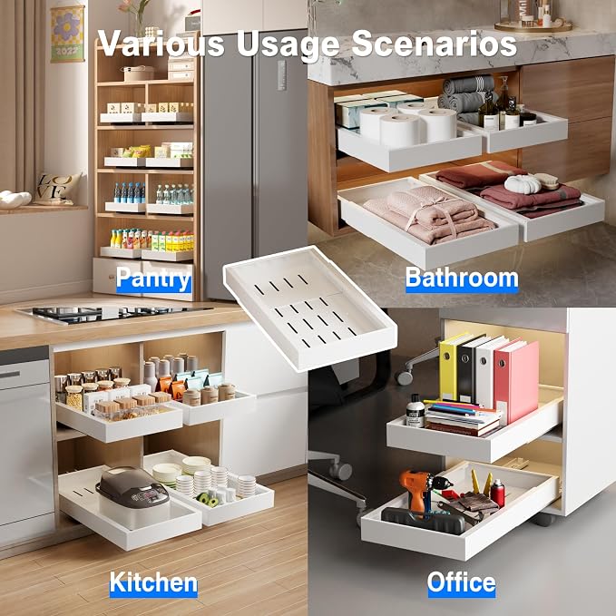 MUSTORN 2 Pack Pull Out Cabinet Organizer, 21.8" Deep Slide Out Drawer for Cabinets Adhesive Pull Out Drawers Heavy Duty Pull Out Shelves for Kitchen, Cupboard, Pantry, Bathroom-White - Image 6