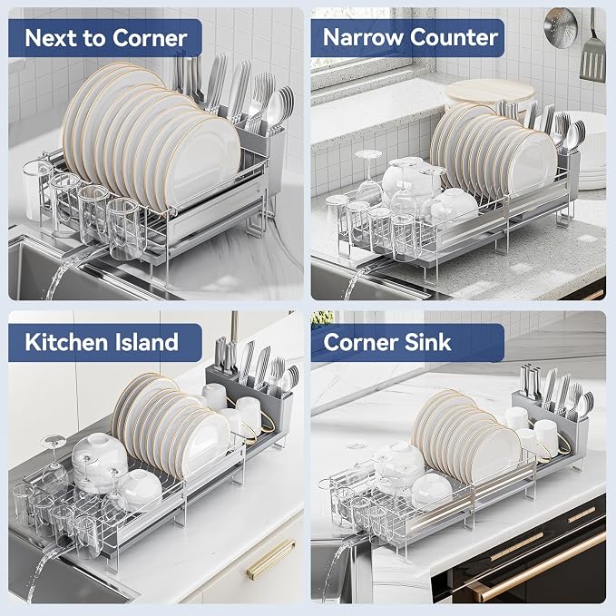 Stainless Steel Dish Drying Rack - Expandable Dish Racks for Kitchen Counter Organizer with Drain Board, Detachable Utensil & Cup Holder, Dish Drainer for Small Kitchen Counter, Grey - Image 9