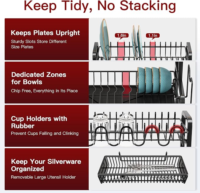 2 Tier Black Stainless Steel Dish Drying Rack for Kitchen Counter | Large Capacity Dish Drainer with Drainboard, Cup & Utensil Holder, Space Saving Rustproof Metal Plate Rack, Fast Drain - Image 9