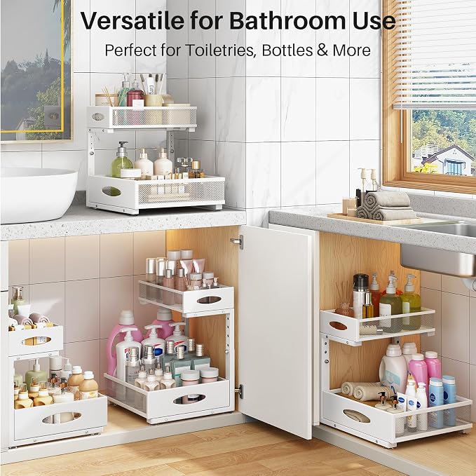 Under Sink Organizer, 2 Pack 2 Tier Pull Out Under Cabinet Organizer Shelf with Pad for Framed Cabinets, Metal Slide Out Under Sink Storage, Mesh Sliding Drawers for Kitchen Bathroom Laundry, White - Image 9
