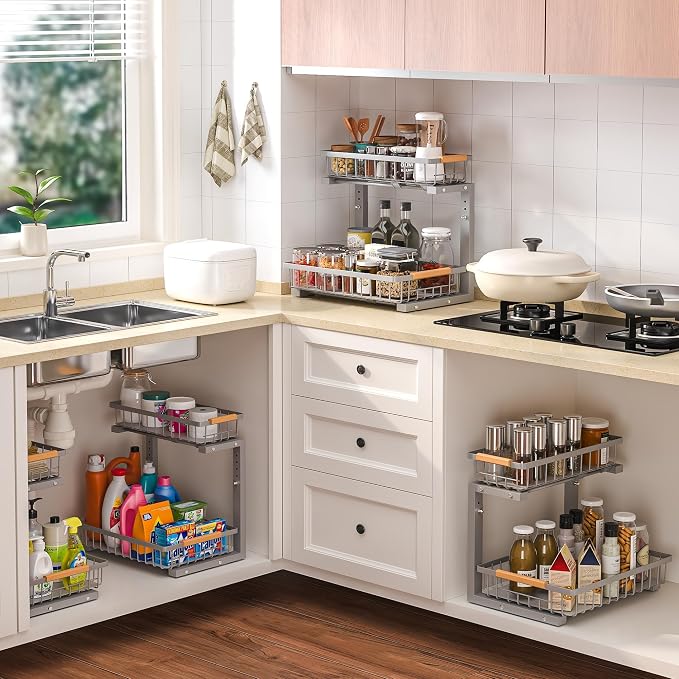 Liuoud Under Sink Organizer 2 Pack, 2 Tier Slide Out Large Capacity Height Adjustable Under Sink Organizers and Storage for Kitchen Bathroom Cabinet, Grey - Image 9