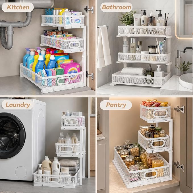 3-Tier Under Sink Organizer 2-Pack Organization for Bathroom Kitchen,White | Thickened Metal Pull Out Cabinet Shelf Height Adjustable Slide Out Drawer Storage Rack for Pantry Laundry Home Office - Image 8