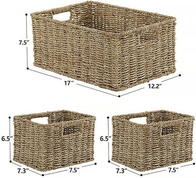 HOONEX Large Wicker Baskets for Storage, Seagrass Baskets with Dual Handles, Woven Baskets for Storage, Set of 3, Natural - Image 7