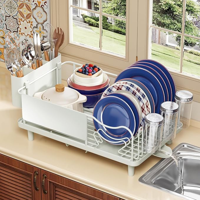 KINGRACK Dish Drying Rack for Kitchen Counter, Dish Drainer with Cup Holder | 16.9"L x 12.4" W Dish Rack with Spacious Drying Capacity, Quick Auto Dish Drainer for Plate Dish Dinnerware, Pale Green - Image 9