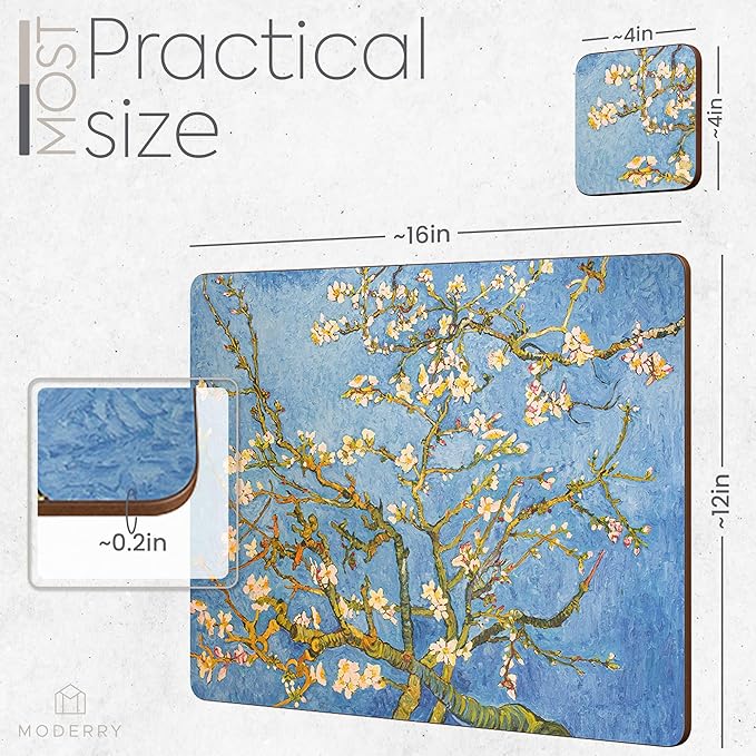 Set of 4 Heat Resistant Cork Placemats for Dining Table with Free Set of 4 Matching Drink Coasters Van Gough Blue Botanical Design 16 x 12 Inches Cork Backed Hard Placemats (Almond Blossoms) - Image 7