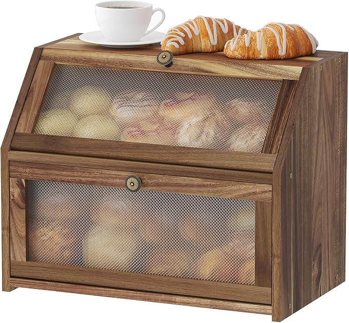 STDDRE Bread Box for Kitchen Countertop Large Double-Layer Wooden Corner Bread Box Farmhouse Bread Storage Bin Acacia Wood (Brown, Large) - Image 8