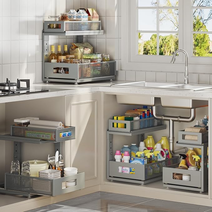 2 Pack 15.74IN-Depth Under Sink Organizer With Next-Gen Ball-Bearing Slides,2-Tier Pull Out Cabinet Storage,Height Adjustable Drawer Shelf for Bathroom,Kitchen,Laundry,Cabinet,Pantry-Gun Gray - Image 8