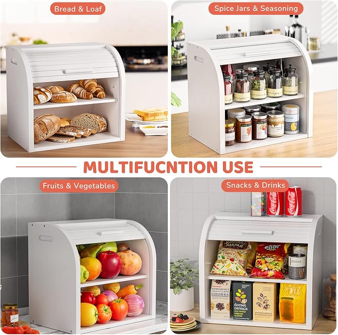 G.a HOMEFAVOR 2-Tier Bamboo Bread Box for Kitchen Counter, White | Large Roll Top Bread Storage Container, Bread Holder Food Bin for Countertop, Self-Assembly - Image 6