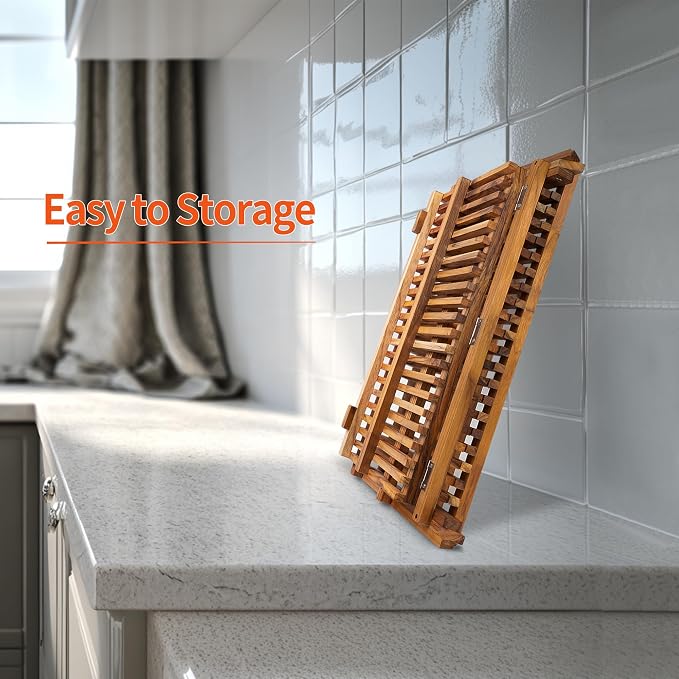Utoplike Large Teak Dish Drying Rack, Wood Collapsible Organizer for Plates | 3 Tier Kitchen Dish Draine for Countertop, for Pasta Plates, Cups, Pots - Image 8