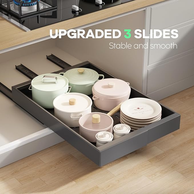 Seinloes 4 Pack Pull Out Cabinet Organizer 21" Deep with Raising Pad for Framed Cabinets, Expandable (9"-14" W) Slide Out Drawers for Kitchen Cabinets with 4pcs Divider Racks, Roll Out Shelves, Black - Image 7