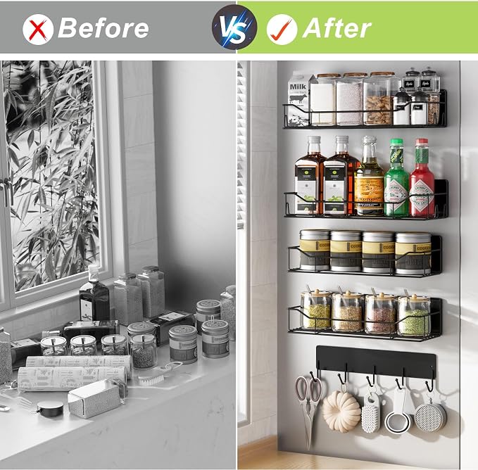 Magnetic Spice Rack for Refrigerator, 5 Pack Metal Strong Magnet Spice Organizer Shelves with Hook Rack, Space Saving Magnetic Fridge Shelf for Home Kitchen Organization and Storage (Black) - Image 7