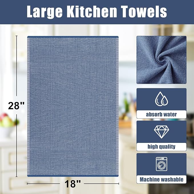 Homaxy 380 GSM Cotton Premium Kitchen Towels 3 Pack, 18"x 28", Navy Blue | Flat and Terry Dish Towels, Highly Absorbent Tea Towel Set with Hanging Loop, Soft Utility Kitchen Hand Towels - Image 8