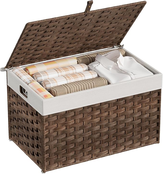 HOOBRO Storage Basket with Lid, 17.2 Gallon (65L) Wicker Basket, Handwoven Blanket Storage Basket with Handles, Metal Frame and Soft Lining, Foldable for Bedroom, Laundry Room, Brown BR265CW01 - Image 8