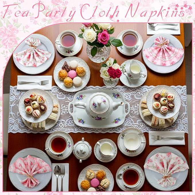 12 Pcs Floral Cloth Napkins 6 Patterns Washable Dinner Tea Party Napkins Reusable Plant Flowers Square Napkin Cotton Towel Decorative for Summer Wildflower Party(Pink Flowers) - Image 7
