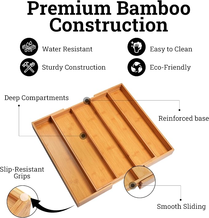 Purawood Premium Bamboo Drawer Organizer, 100% Pure Bamboo, Adjustable Utensil Organizer, Silverware Tray for Drawer (3-5 slots) - Image 2