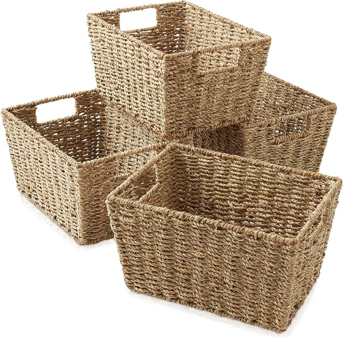 Casafield Set of 4 Seagrass Hyacinth Storage Baskets with Handles - Natural, Woven Storage Bins for Shelves, Blankets, Laundry Organization - Image 7