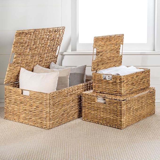 happimess Brooks 3-Piece Woven Hyacinth Storage Basket Set 22", Natural | Classic Farmhouse Style, Rectangular Nesting Wicker Containers, Integrated Handles, Hinged Lids, Iron Metal Frame - Image 7