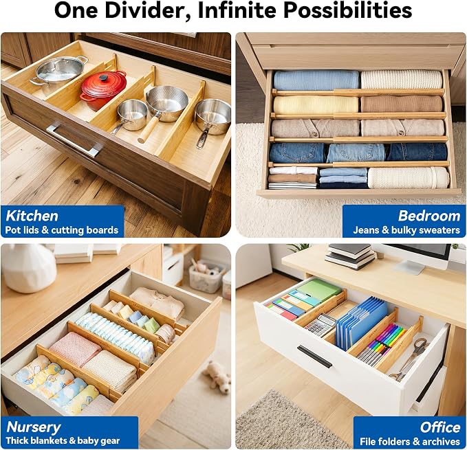 4 Pack 8" Deep Bamboo Drawer Dividers, 17-22" Expandable Kitchen Organizers | Adjustable Spring-Loaded Tension Separators with Foam Pad for Clothes, Utensils, Kitchen, Dresser, Nursery & Bathroom - Image 7