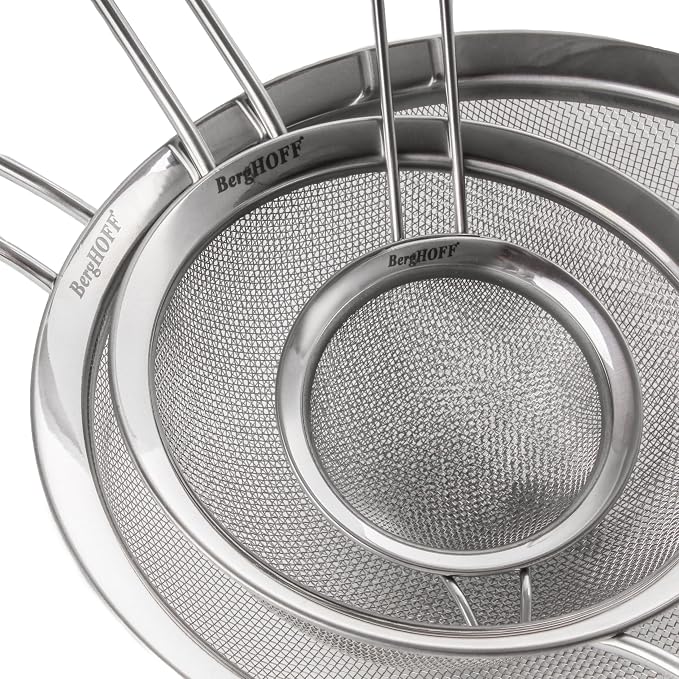Berghoff 3Pc Essentials Stainless Steel Fine Mesh Kitchen Strainer Set | Wire Metal Food Sifter With Long, Ergonomically Designed Handle, Dishwasher Safe, For Pasta, Tea, Flour, Sauce & Liquid - Image 6
