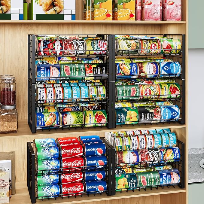 JKsmart 2-Tier Stackable Can Rack Organizer for Pantry, Adjustable Can Dispenser Holds Up to 60 Cans, Can Storage Holder for Various Ounces of Canned Food Soda Drinks, Black, 2 Pack - Image 9