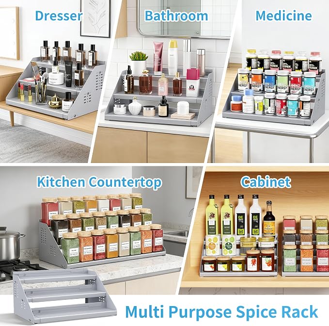 BOIVSHI 3 Tier Spice Cabinet Organizer for Countertop, Spice Shelf - Gray | Expandable Width and Adjustable Height Spice Rack, Metal Tiered Spice Rack Shelf Step Design, Save Cabinet Space - Image 8