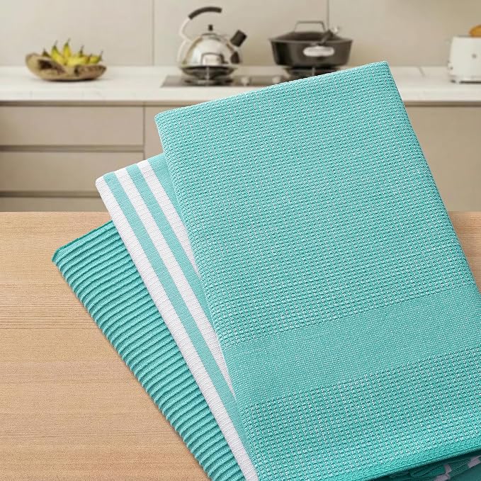 Homaxy Cotton 380 GSM Premium Kitchen Towels, 18"x 28", 3 Pack, Teal | Soft and Absorbent Terry Dish Towels, Multipurpose Tea Towel Set with Hanging Loop, 3 Styles Kitchen Hand Towels - Image 7