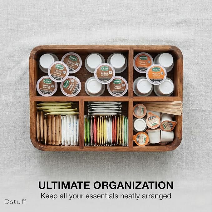 Dstuff Acacia Wood Coffee Station Organizer for Countertop, Tea Organizer and Holder, Coffee Bar Caddy with Multiple Compartments for Home and Office Decor - Image 9