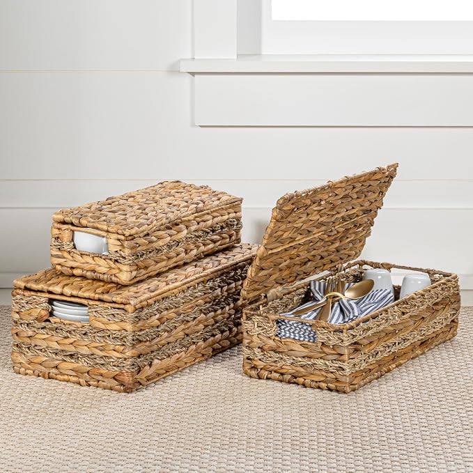 happimess Sandrine 3-Piece Hyacinth Storage Baskets with Lids, Natural | Handwoven Seagrass Wicker, Farmhouse Nesting Containers with Handles, Iron Metal Frame, Decorative Organizer Bins - Image 6