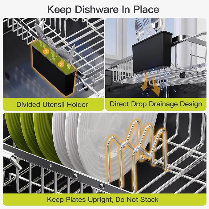 JASIWAY Expandable Dish Drying Rack Over the Sink with Utensil Holder | Stainless Steel Adjustable Dish Driainers for Small Kitchen, Counter Space Saving, Fast Drain, Rustproof, For Apartment, RV - Image 9