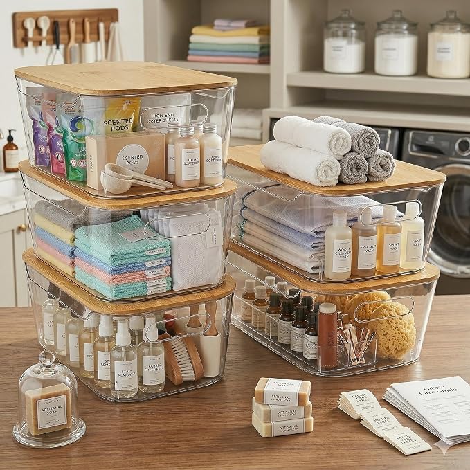 CiWiVOKi 6 Pack Clear Stackable Storage Bins with Bamboo Lids, 3.7L BPA-Free Plastic Organizer Containers with Handles, for Pantry, Kitchen, Fridge, Bathroom, Cabinet & Closet Organization - Image 9