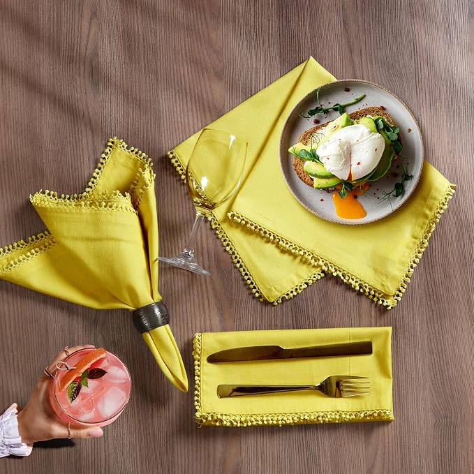 Bedding Craft Cotton Cloth Dinner Napkins Set of 12 – 18x18 Yellow with Decorative Lace Selvedge – Durable Machine Washable Fabric Napkins for Weddings, Baby Showers, Parties & Dining - Image 8