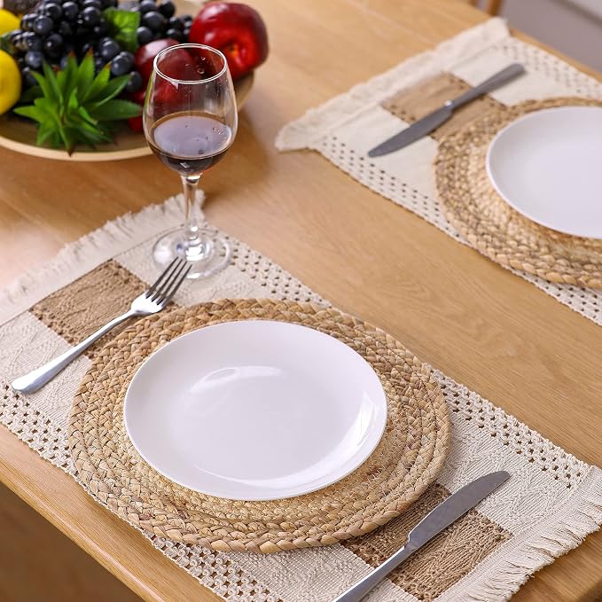 Handmade Boho Placemats Set of 4 - Natural Cotton Burlap and Water Straw Woven Combination Table Mats, Macrame Décor and Farmhouse Style Placemats, for Dining Table Kitchen - Image 7