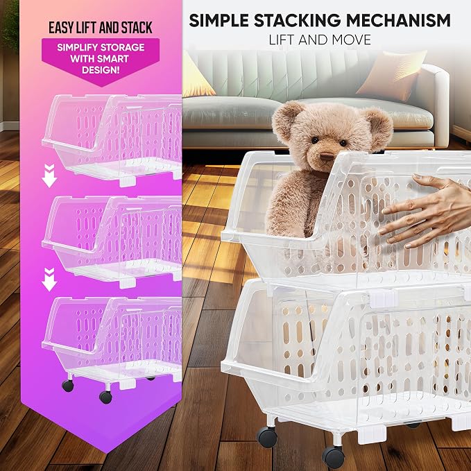 Small Stackable Storage Bins Open Front with Wheels, 4 Pack - Clear | Easy Assembly, Sturdy Plastic, Open Front Access, Smooth Rolling Wheels, Stackable, Large Capacity Storage - Image 7